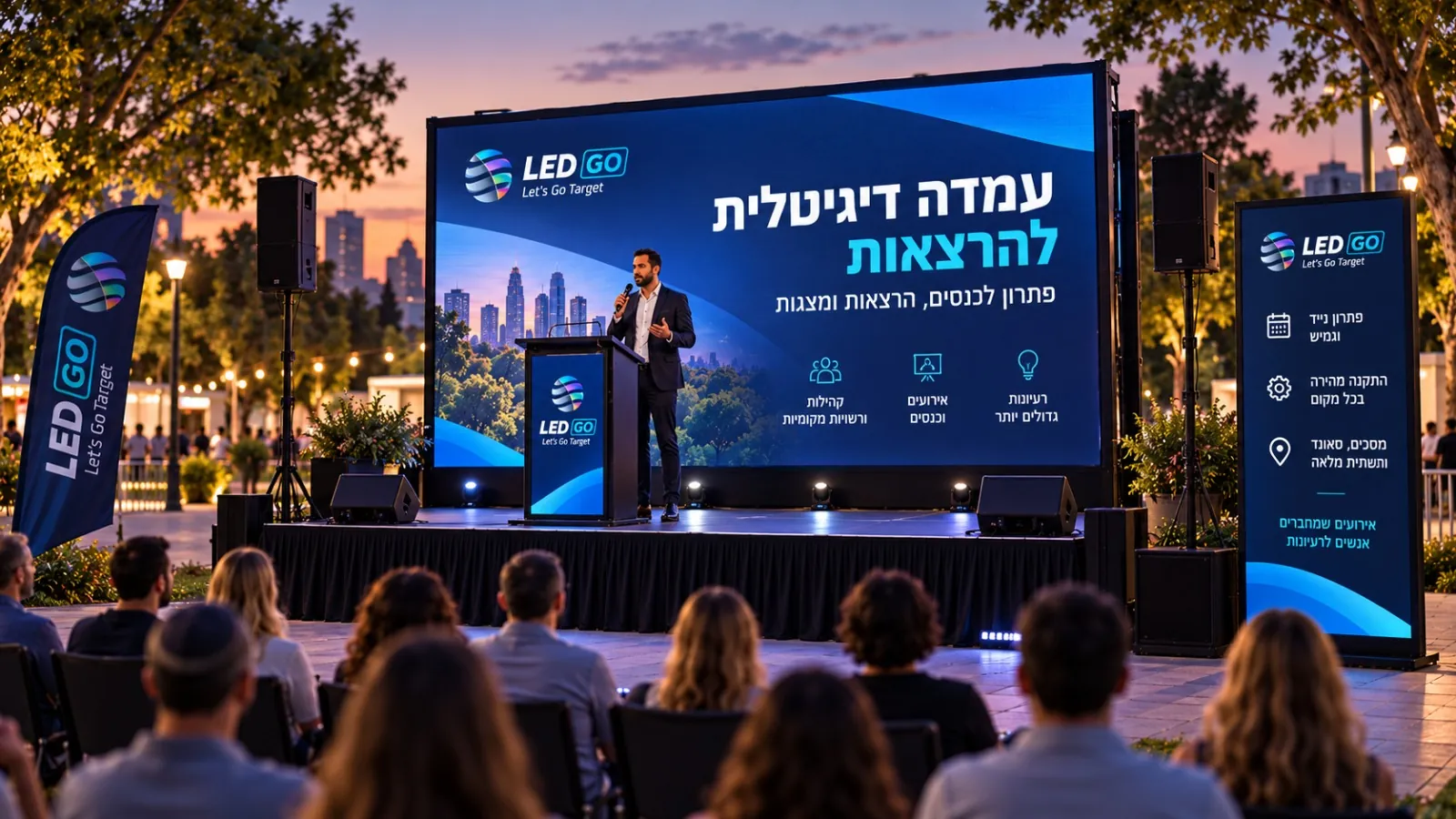 הרצאה על במה עם מסך LED גדול בשטח פתוח